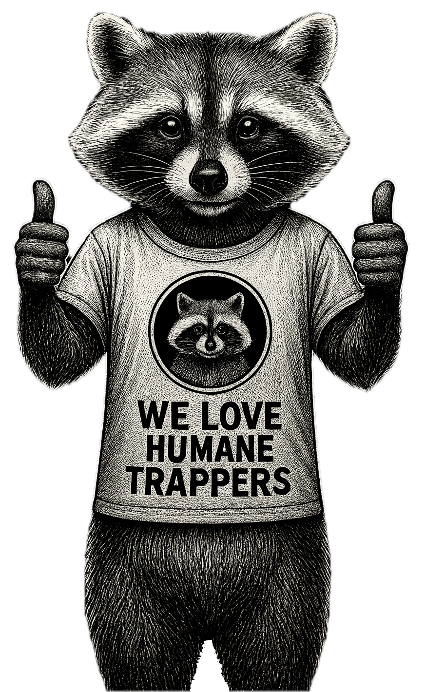 Raccoon mascot giving two thumbs up with the message "We love humane trappers"